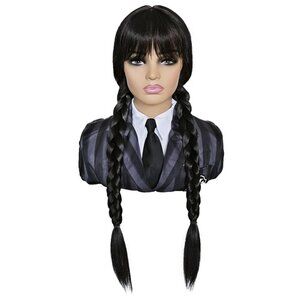 Women Black Braided Wigs for Costume Cute Long Black Wig with Bangs
